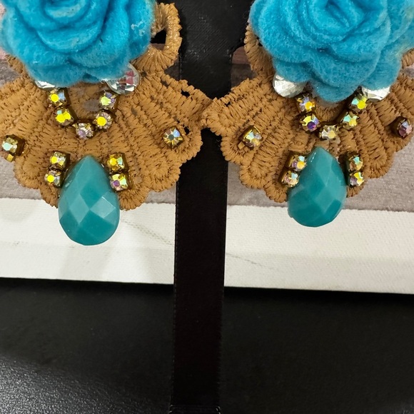 Handmade Blue Rose Earrings Floral Rhinestone Teardrop Statement Dangles - Picture 2 of 3
